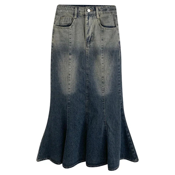 Retro Blue Mermaid Fishtail Denim Long Maxi Skirt — vista frontale