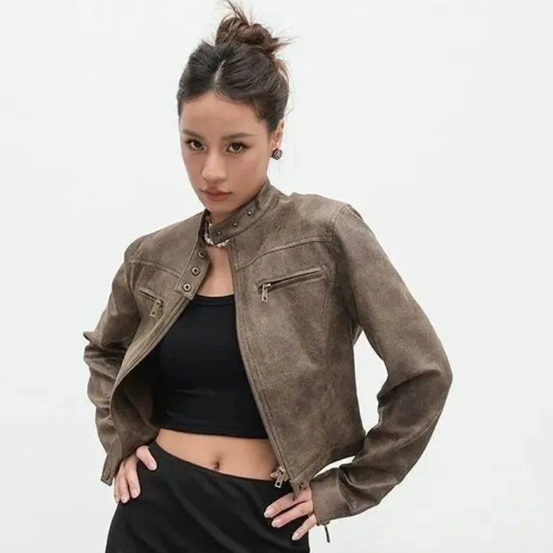 Retro Brown Suede Leather Jacket — vista posteriore