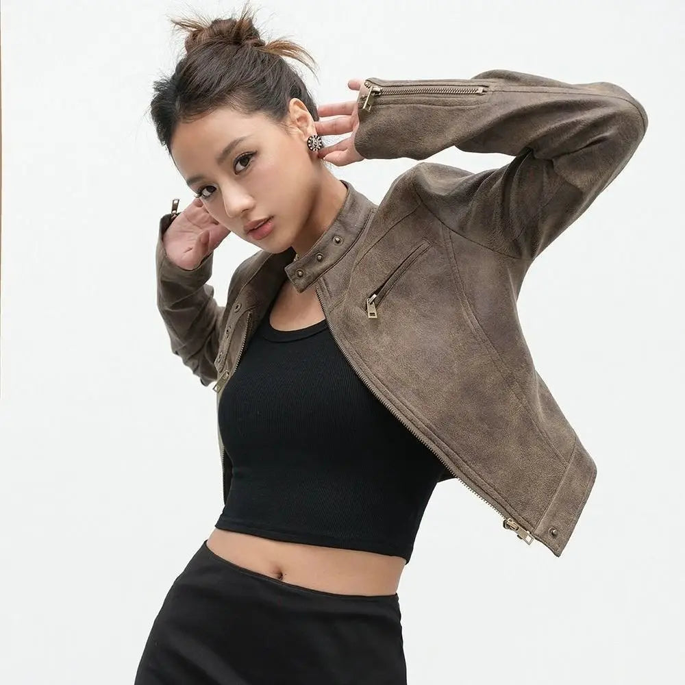 Retro Brown Suede Leather Jacket — dettaglio