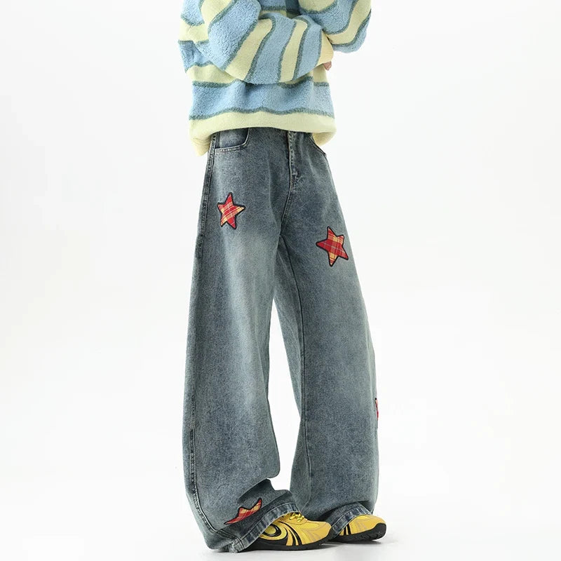 Retro Embroidered Star Patchwork Baggy Barrel Jeans — vista posteriore
