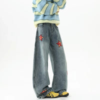 Retro Embroidered Star Patchwork Baggy Barrel Jeans — vista posteriore