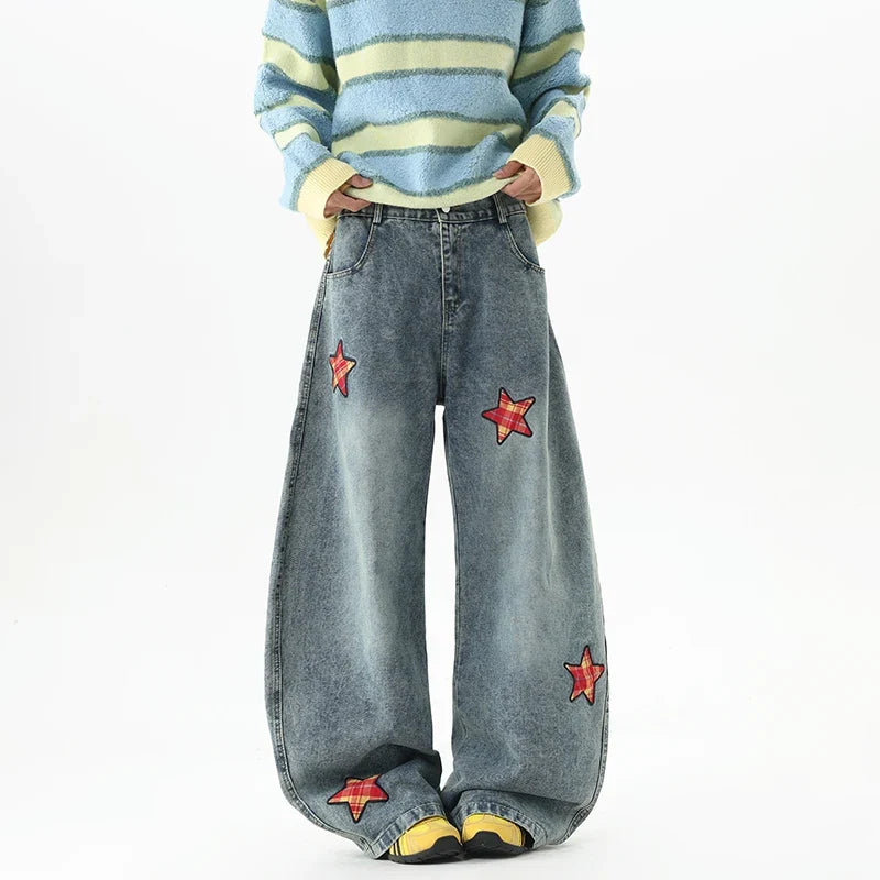 Retro Embroidered Star Patchwork Baggy Barrel Jeans — dettaglio della stampa