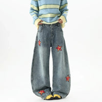 Retro Embroidered Star Patchwork Baggy Barrel Jeans — dettaglio della stampa
