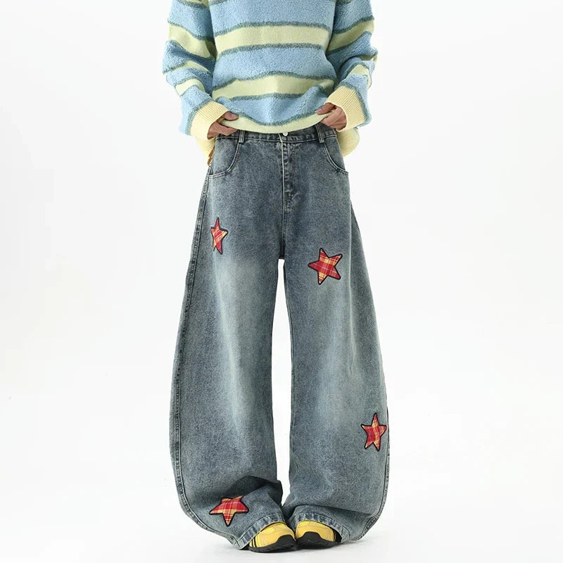 Retro Embroidered Star Patchwork Baggy Barrel Jeans — dettaglio della stampa