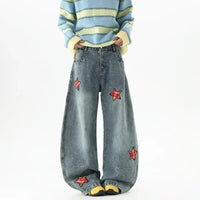 Retro Embroidered Star Patchwork Baggy Barrel Jeans — dettaglio della stampa
