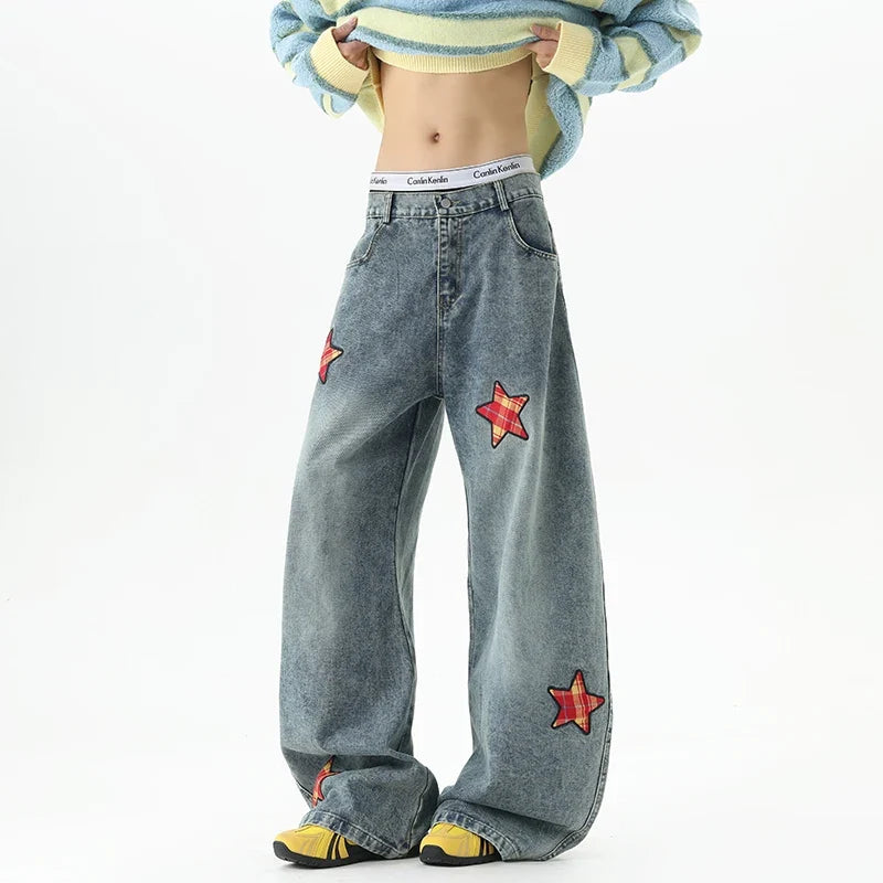 Retro Embroidered Star Patchwork Baggy Barrel Jeans — in alternativa