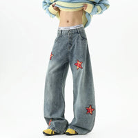 Retro Embroidered Star Patchwork Baggy Barrel Jeans — in alternativa