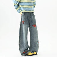Retro Embroidered Star Patchwork Baggy Barrel Jeans — vista frontale