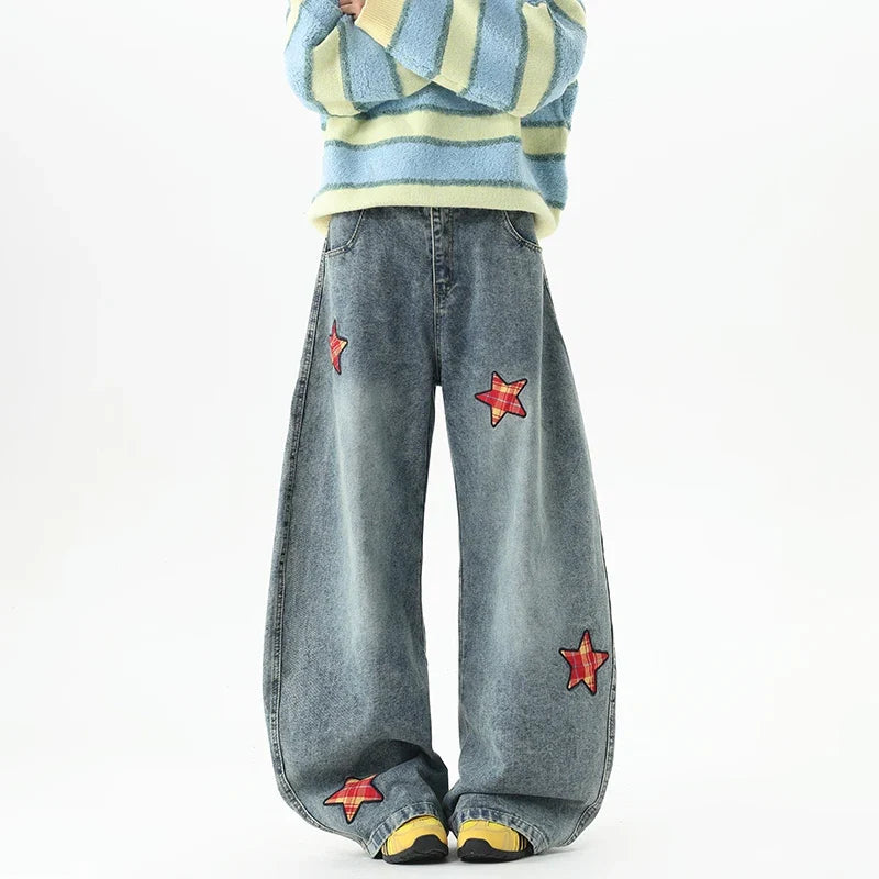 Retro Embroidered Star Patchwork Baggy Barrel Jeans — dettaglio