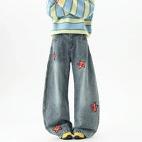 Retro Embroidered Star Patchwork Baggy Barrel Jeans — dettaglio