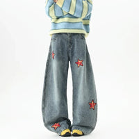 Retro Embroidered Star Patchwork Baggy Barrel Jeans — dettaglio