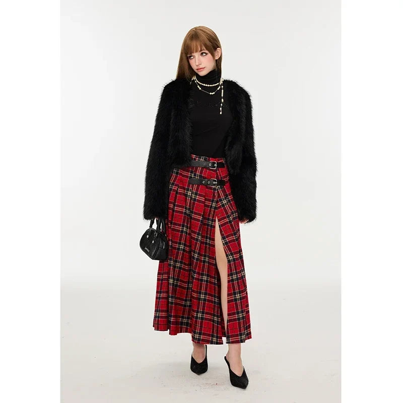 Retro French Red Plaid A Line Maxi — vista posteriore