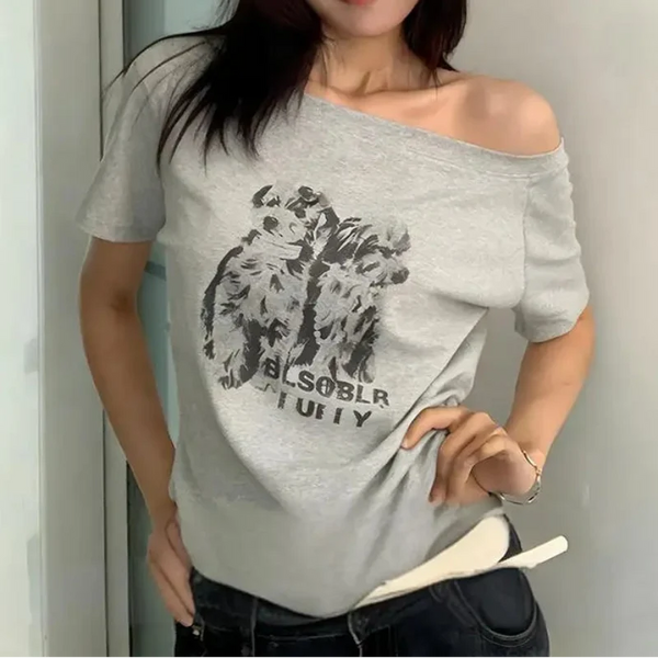 Retro Puppy Graphic Off Shoulder Top — vista frontale