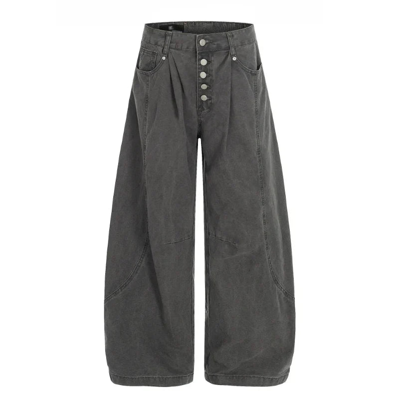 Retro Single Breasted Washed Barrel Jeans — vista frontale