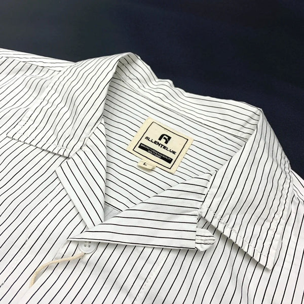 Retro Striped Short Sleeve Cuban Collar Button Down Shirt — vista frontale