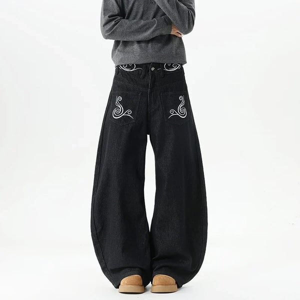 Retro Western Embroidered Baggy Barrel Jeans — vista frontale
