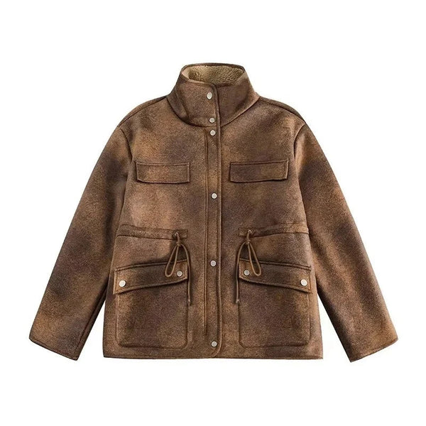Reversible Sherpa Fleece Cargo Leather Jacket Coat — vista frontale
