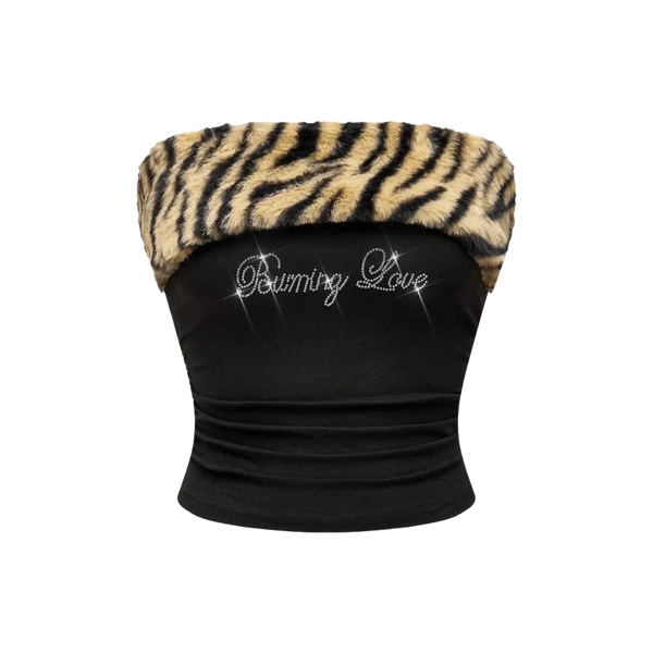 Rhinestone "Burning Love" Animal Print Crop Top — vista frontale
