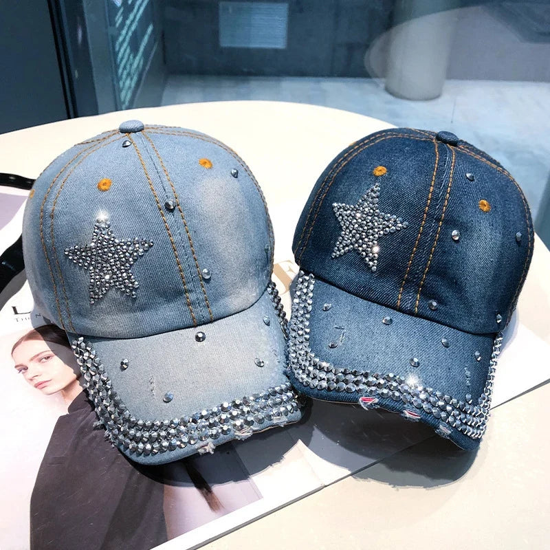 Rhinestone Star Graphic Denim Baseball Cap — vista laterale