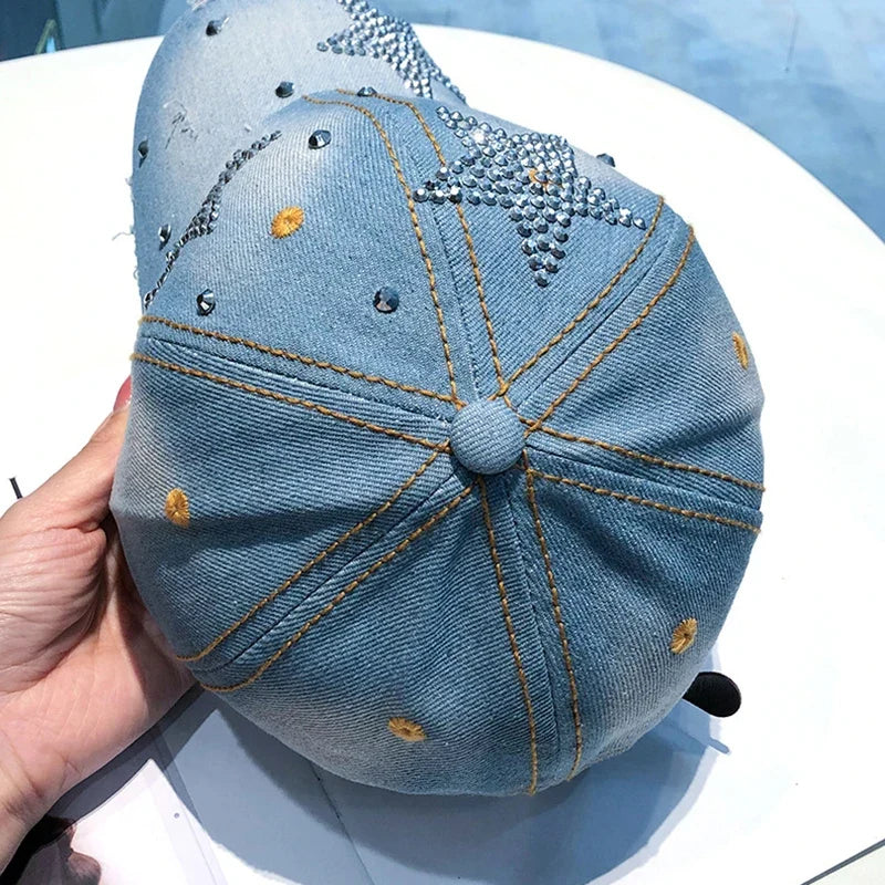 Rhinestone Star Graphic Denim Baseball Cap — dettaglio del tessuto