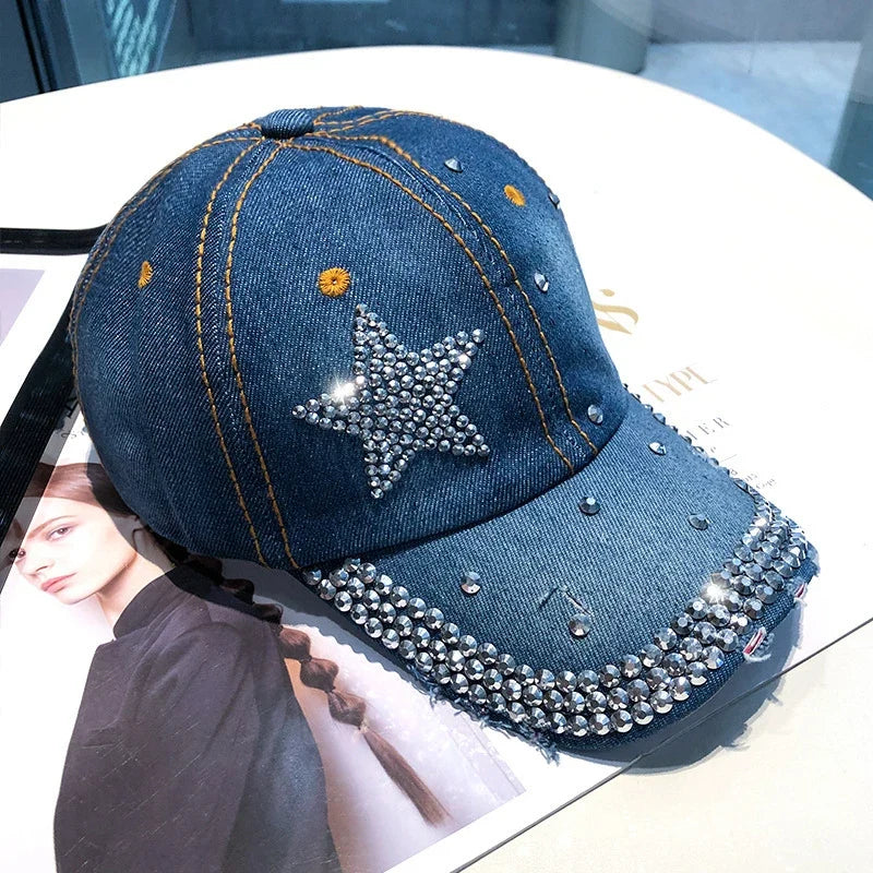 Rhinestone Star Graphic Denim Baseball Cap — vista frontale