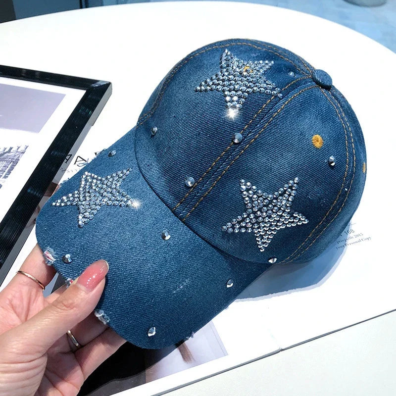 Rhinestone Star Graphic Denim Baseball Cap — dettaglio