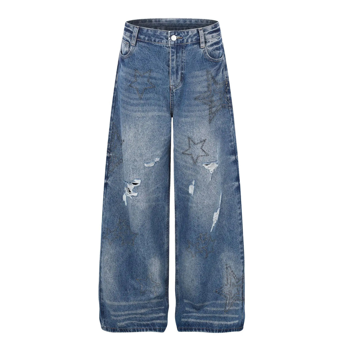 Rhinestone Stars Distressed Wide Leg Denim Jeans — dettaglio del tessuto