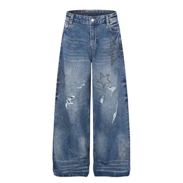 Rhinestone Stars Distressed Wide Leg Denim Jeans — vista frontale