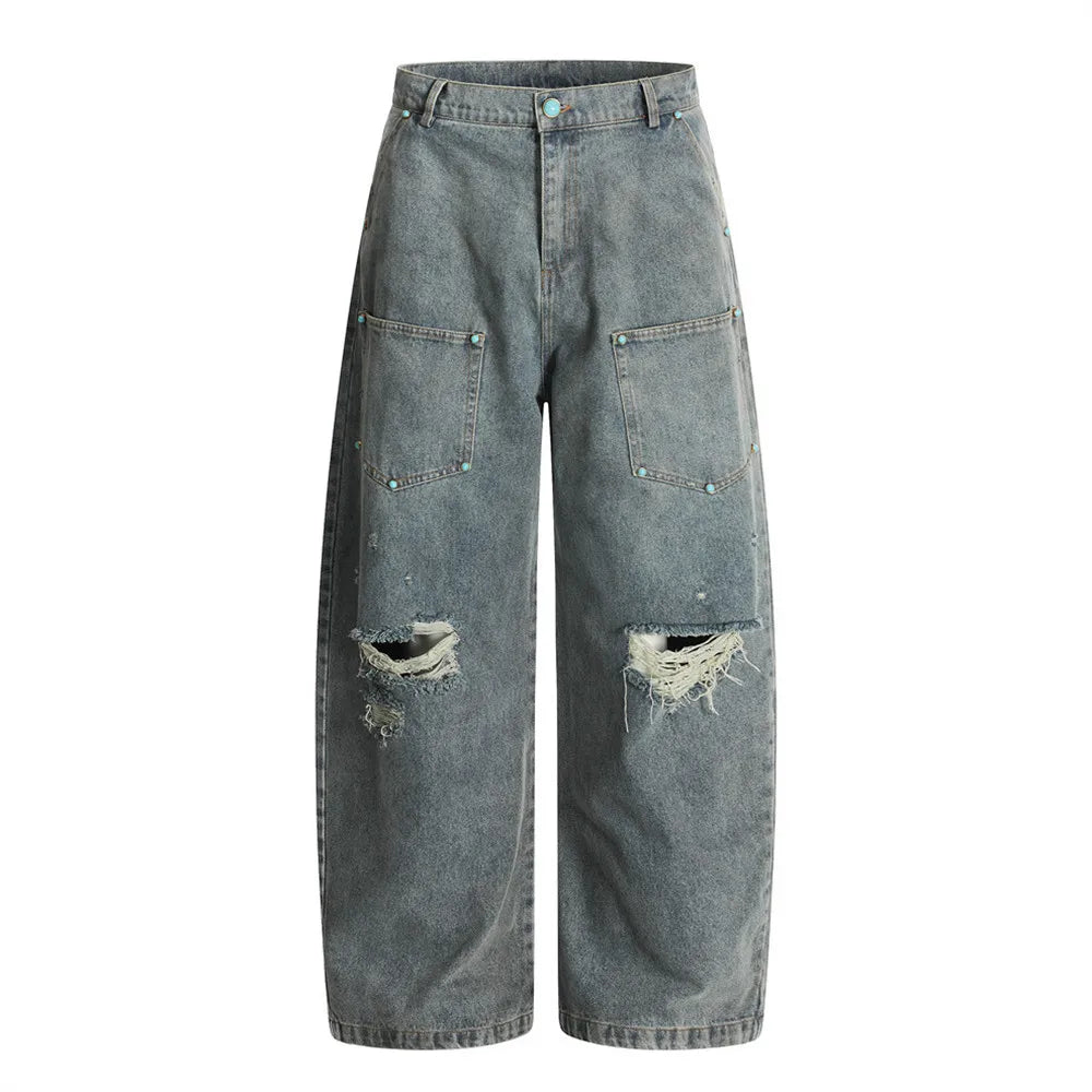 Ripped Distressed Baggy Denim Curved Barrel Jeans — vista frontale