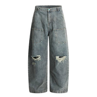 Ripped Distressed Baggy Denim Curved Barrel Jeans — vista frontale