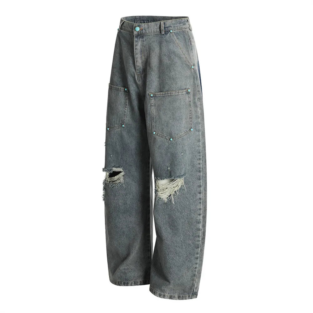 Ripped Distressed Baggy Denim Curved Barrel Jeans — vista posteriore
