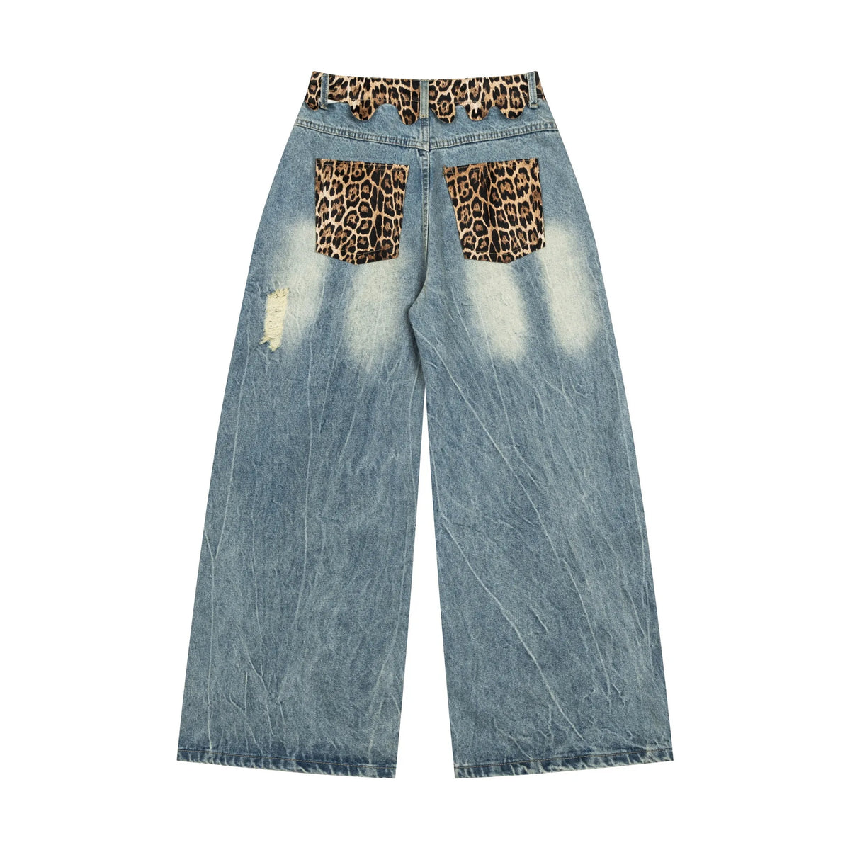 Ripped Wide Leg Leopard Print Denim Jeans — vista posteriore