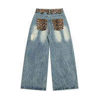 Ripped Wide Leg Leopard Print Denim Jeans — vista posteriore