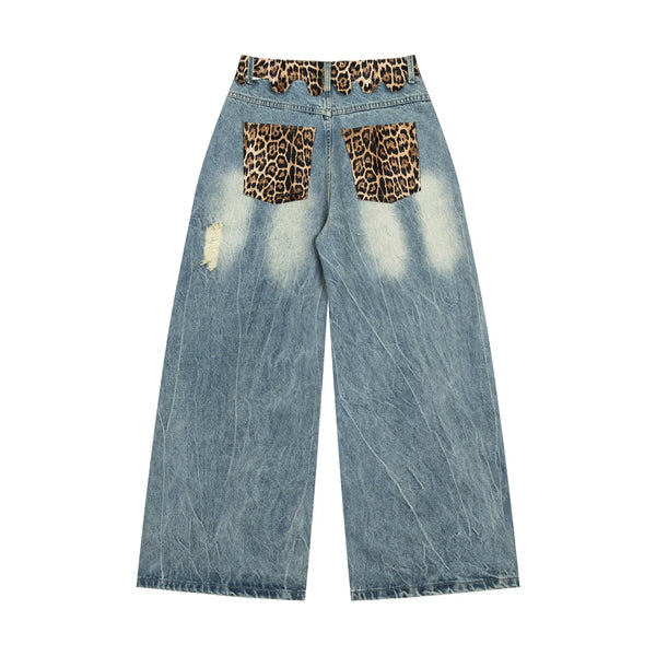 Y2K Ripped Wide Leg Leopard Print Denim Jeans