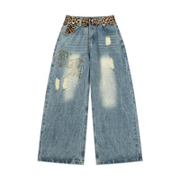 Ripped Wide Leg Leopard Print Denim Jeans — vista frontale