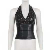 Rivet Faux Leather Low Cut Halter Top — vista frontale