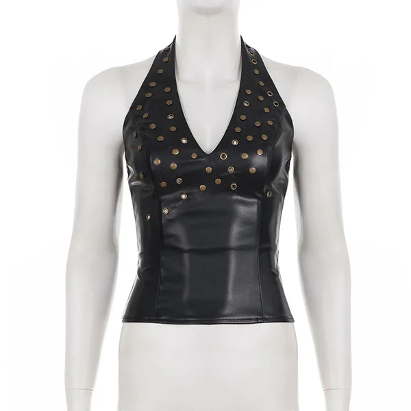 Rivet Faux Leather Low Cut Halter Top — vista frontale