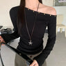 Y2K Rivet Off Shoulder Long Sleeve Top