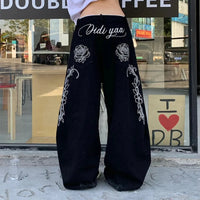 Rose Floral Embroidered Black Baggy Jeans — vista posteriore