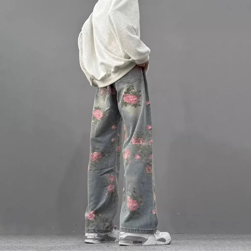 Rose Print Straight Leg Jeans — vista posteriore