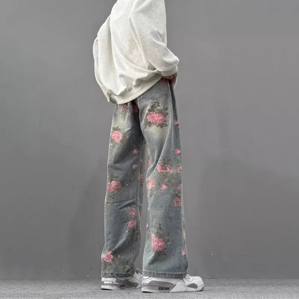Y2K Rose Print Straight Leg Jeans