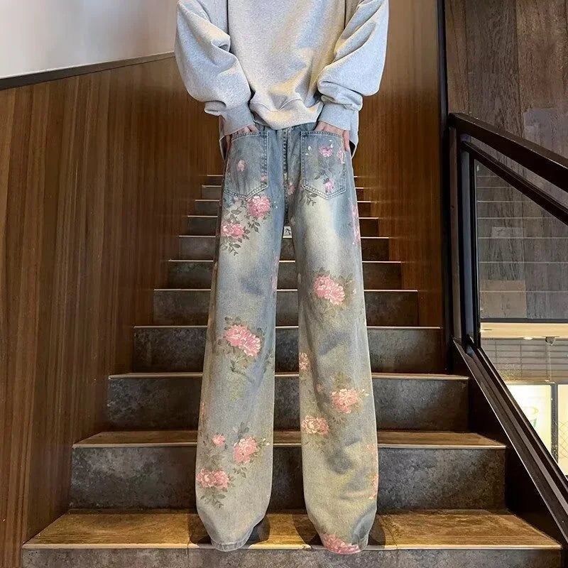 Rose Print Straight Leg Jeans — dettaglio della stampa