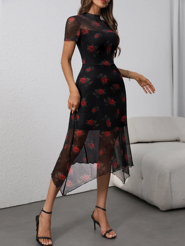 Rose Thorn Print Mini Dress — vista frontale