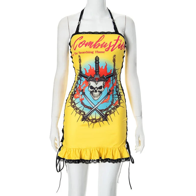 Scorching Time Print Lace Up Pleated Mini Dress — vista laterale