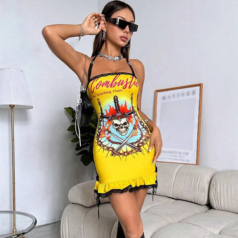 Scorching Time Print Lace Up Pleated Mini Dress — dettaglio