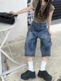 Scrapbook Graphic High Waist Denim Shorts Jorts — vista posteriore
