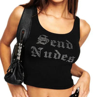 Send Nudes Rhinestone Graphic Crop Tank Top — vista frontale