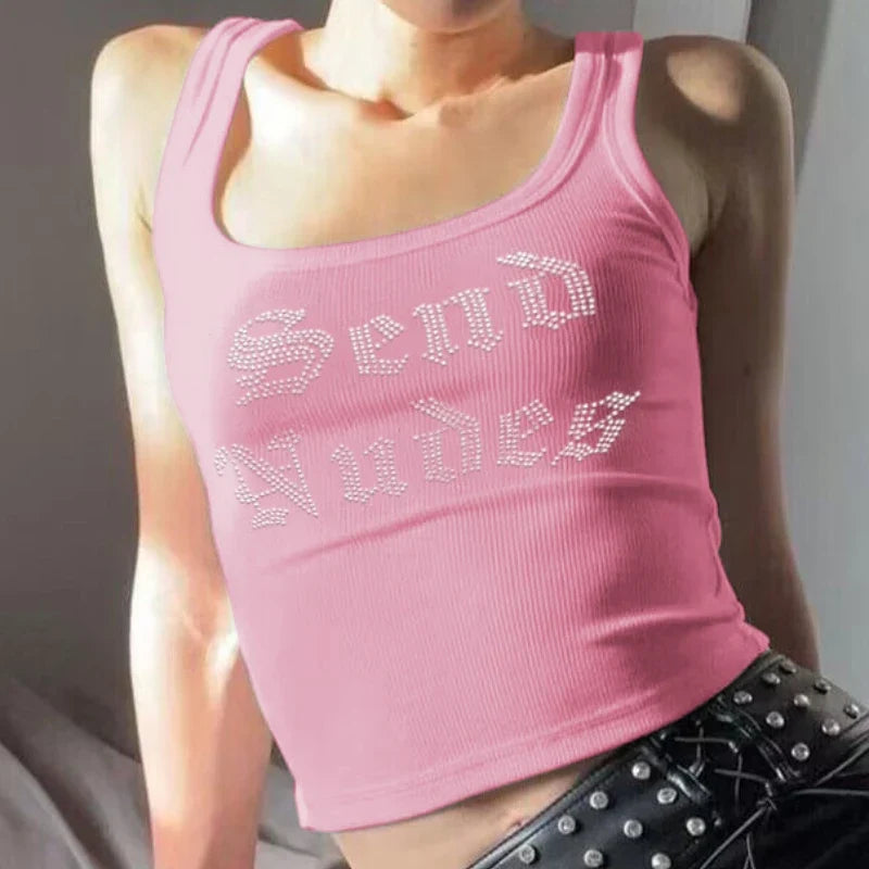 Send Nudes Rhinestone Graphic Crop Tank Top — dettaglio