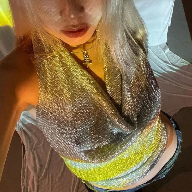 Sequin Sparkle Low Cut Crop Halter Top — dettaglio della stampa