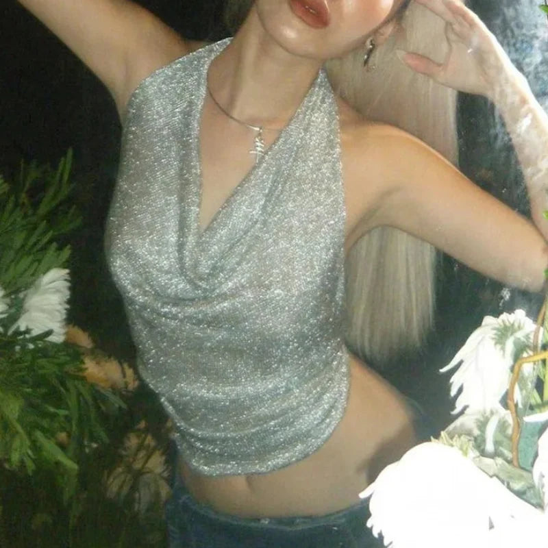 Sequin Sparkle Low Cut Crop Halter Top — vista frontale